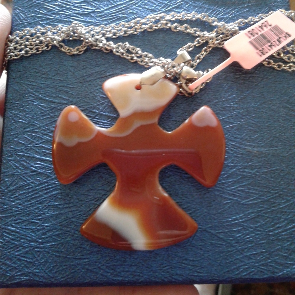 Red Agate stainless steel cross with 24 in chain